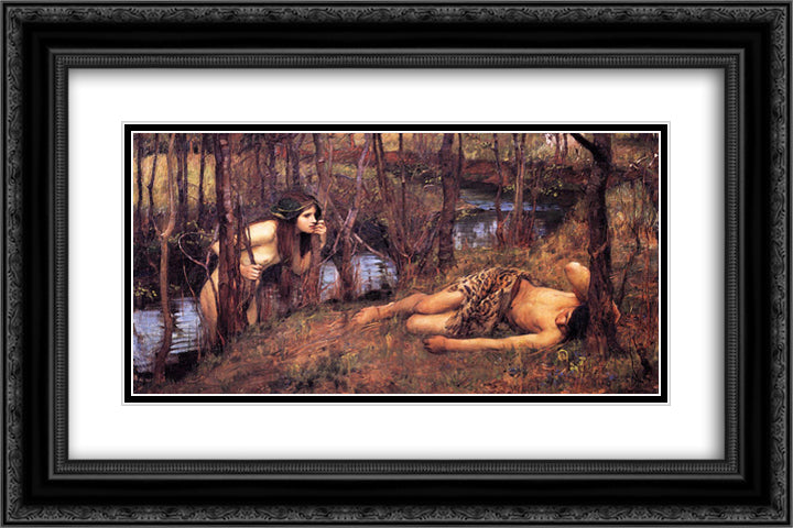 The Naiad 24x16 Black Ornate Wood Framed Art Print Poster with Double Matting by Waterhouse, John William