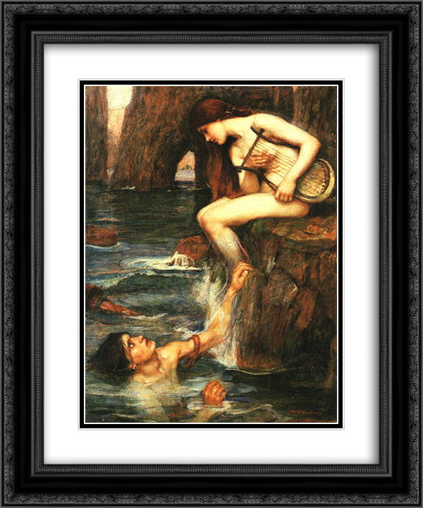 The Siren 20x24 Black Ornate Wood Framed Art Print Poster with Double Matting by Waterhouse, John William