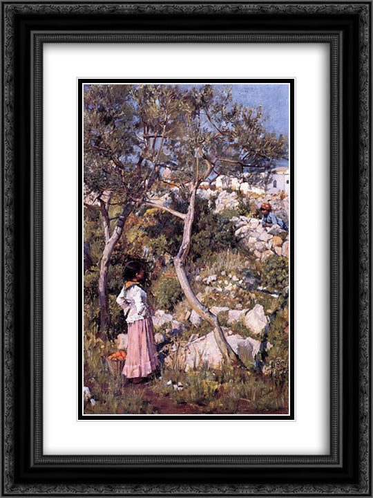 Two Little Italian Girls by a Village 18x24 Black Ornate Wood Framed Art Print Poster with Double Matting by Waterhouse, John William