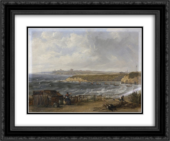 Cullercoats looking towards Tynemouth - Flood tide 24x20 Black Ornate Wood Framed Art Print Poster with Double Matting by Carmichael, John Wilson