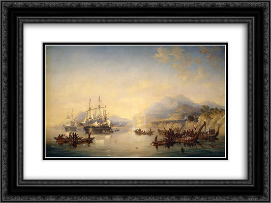 Erebus' and the 'Terror' in New Zealand, August 1841 24x18 Black Ornate Wood Framed Art Print Poster with Double Matting by Carmichael, John Wilson