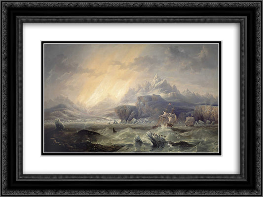 HMS Erebus and Terror in the Antarctic 24x18 Black Ornate Wood Framed Art Print Poster with Double Matting by Carmichael, John Wilson