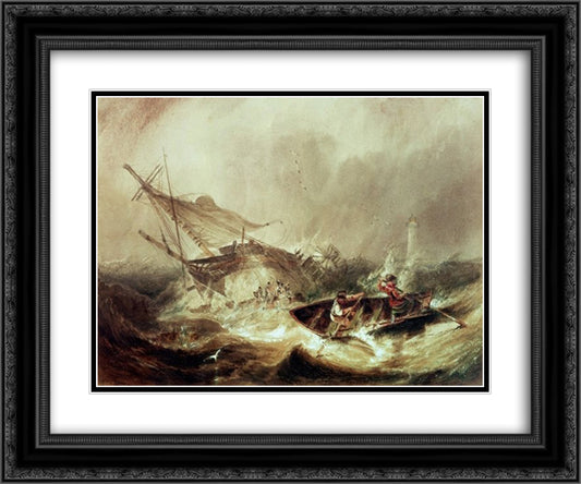 Rowing to rescue shipwrecked sailors off the Northumberland Coast 24x20 Black Ornate Wood Framed Art Print Poster with Double Matting by Carmichael, John Wilson