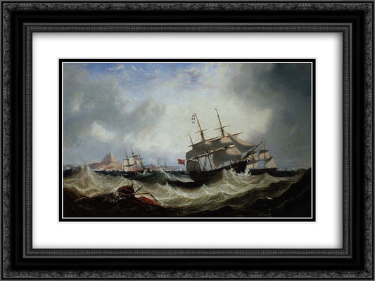 Shipping off Gibraltar in heavy seas 24x18 Black Ornate Wood Framed Art Print Poster with Double Matting by Carmichael, John Wilson