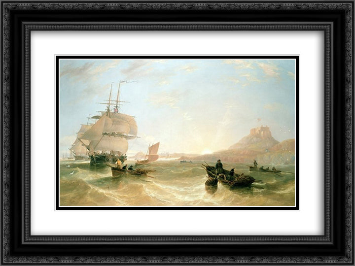 Squadron of Frigates and Fishing Vessels in a Choppy Sea off Holy Island 24x18 Black Ornate Wood Framed Art Print Poster with Double Matting by Carmichael, John Wilson