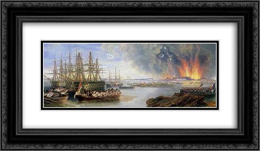 The Bombardment of Sebastopol 24x14 Black Ornate Wood Framed Art Print Poster with Double Matting by Carmichael, John Wilson