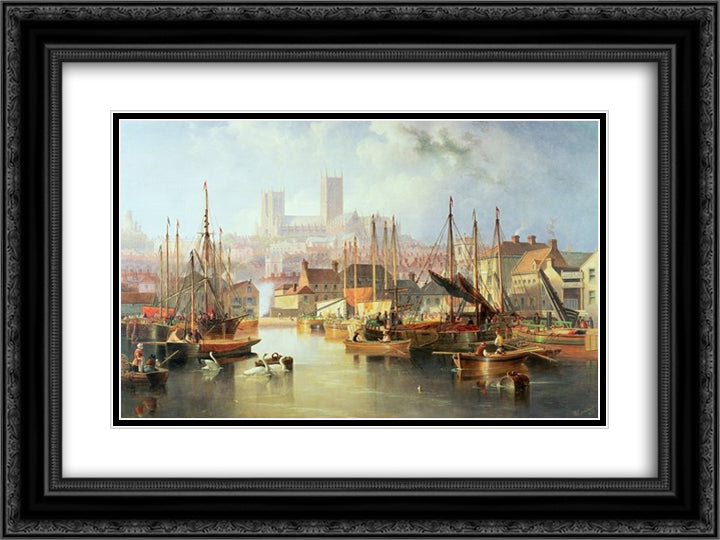 The Brayford Pool and Lincoln Cathedral 24x18 Black Ornate Wood Framed Art Print Poster with Double Matting by Carmichael, John Wilson