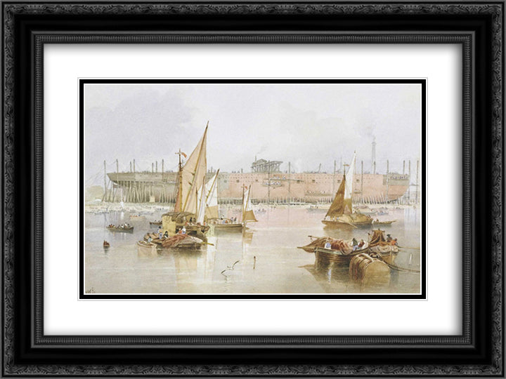 The building of the SS 'Great Eastern' 24x18 Black Ornate Wood Framed Art Print Poster with Double Matting by Carmichael, John Wilson