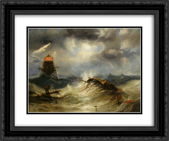 The Irwin Lighthouse, Storm Raging 24x20 Black Ornate Wood Framed Art Print Poster with Double Matting by Carmichael, John Wilson