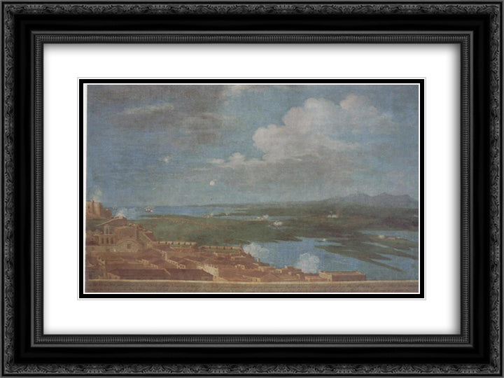 Clouds over a coastal Puerto Rican town 24x18 Black Ornate Wood Framed Art Print Poster with Double Matting by Campeche, Jose