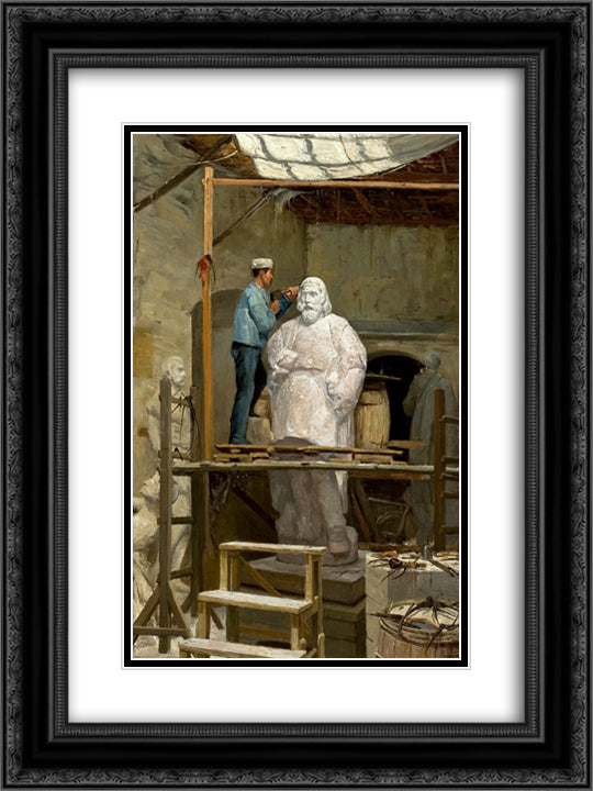 The Atelier of the Sculptor SimÆ’µes de Almeida 18x24 Black Ornate Wood Framed Art Print Poster with Double Matting by Malhoa, Jose