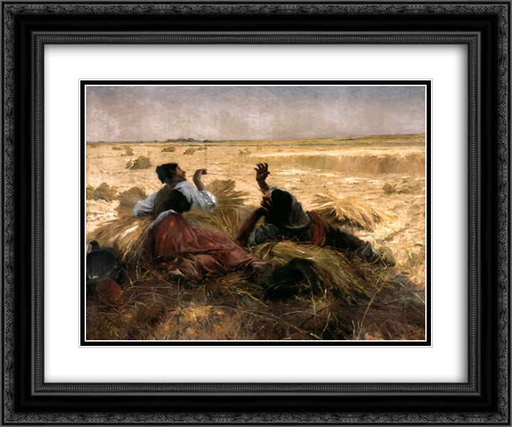 Tickling 24x20 Black Ornate Wood Framed Art Print Poster with Double Matting by Malhoa, Jose
