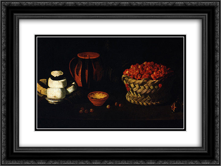 Cesta com Cerejas, Queijos e Barros 24x18 Black Ornate Wood Framed Art Print Poster with Double Matting by Obidos, Josefa de
