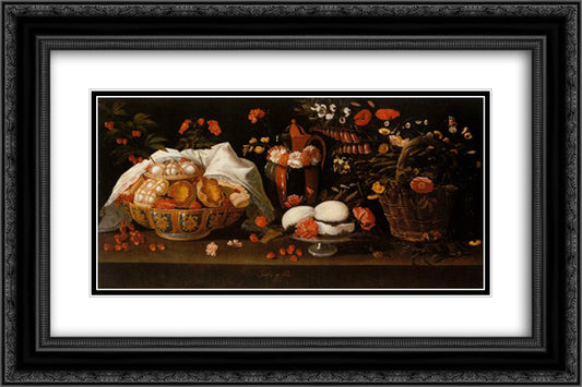 Natureza morta - Doces e Flores 24x16 Black Ornate Wood Framed Art Print Poster with Double Matting by Obidos, Josefa de
