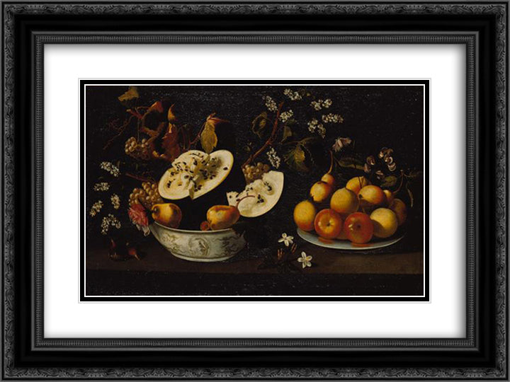 Natureza morta com frutos e flores 24x18 Black Ornate Wood Framed Art Print Poster with Double Matting by Obidos, Josefa de