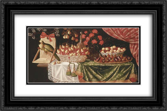 Pears and marasca cherries in a basket 24x16 Black Ornate Wood Framed Art Print Poster with Double Matting by Obidos, Josefa de