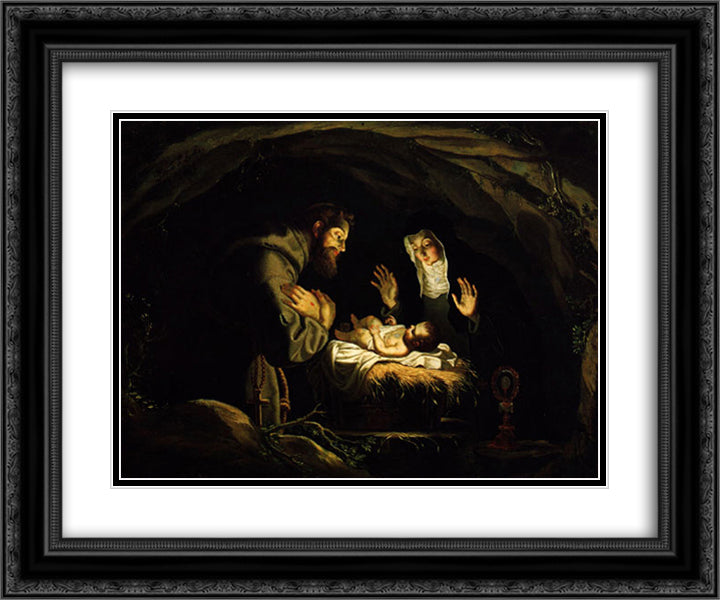 St. Francis and St. Clare of Assisi in adoration of the Infant Christ 24x20 Black Ornate Wood Framed Art Print Poster with Double Matting by Obidos, Josefa de