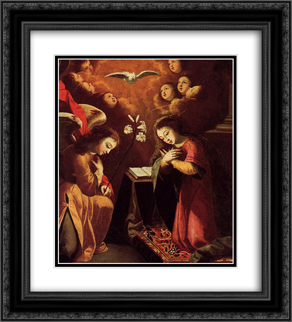 The Annunciation 20x22 Black Ornate Wood Framed Art Print Poster with Double Matting by Obidos, Josefa de