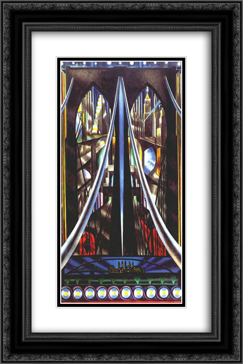 The Brooklyn Bridge 16x24 Black Ornate Wood Framed Art Print Poster with Double Matting by Stella, Joseph