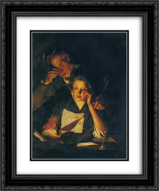 A Girl reading a Letter, with an Old Man reading over her shoulder 20x24 Black Ornate Wood Framed Art Print Poster with Double Matting by Wright, Joseph