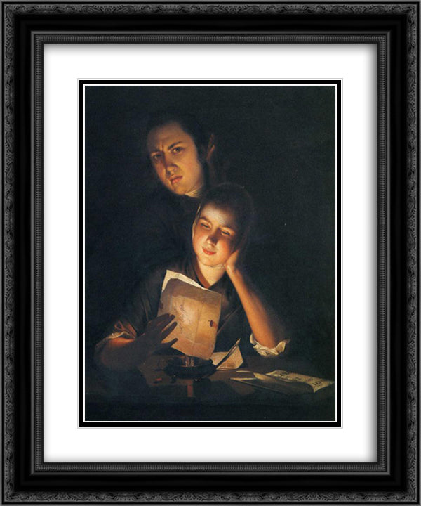 A Girl reading a letter by Candlelight, with a Young Man peering over her shoulder 20x24 Black Ornate Wood Framed Art Print Poster with Double Matting by Wright, Joseph