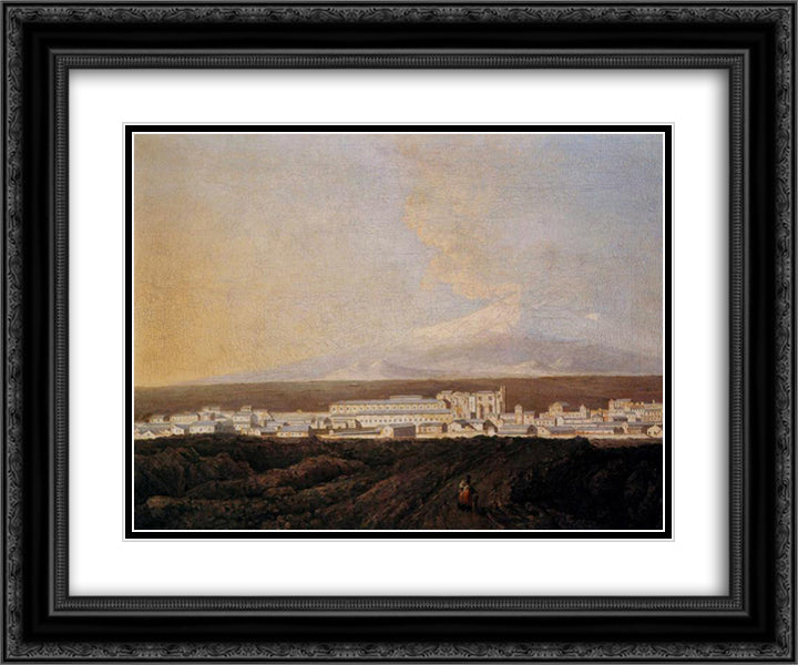 A View of Mount Etna and A Nearby Town 24x20 Black Ornate Wood Framed Art Print Poster with Double Matting by Wright, Joseph