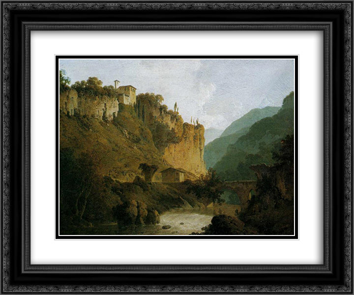 Convent of San-Cosimato and Part of the Claudian Aqueduct near Vicovaro in the Roman Campagna 24x20 Black Ornate Wood Framed Art Print Poster with Double Matting by Wright, Joseph