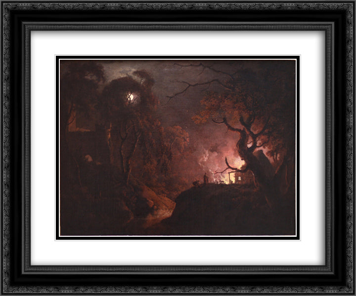 Cottage on Fire at Night 24x20 Black Ornate Wood Framed Art Print Poster with Double Matting by Wright, Joseph