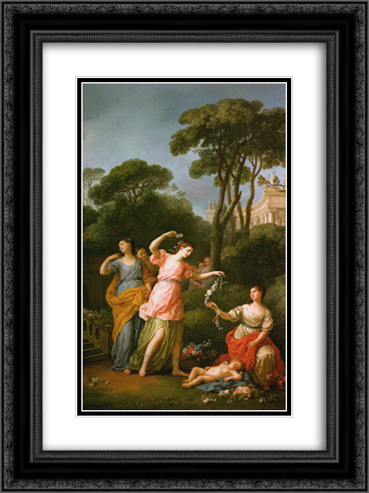 Greek Maidens Adorning a Sleeping Cupid with Flowers 18x24 Black Ornate Wood Framed Art Print Poster with Double Matting by Vien, Joseph Marie