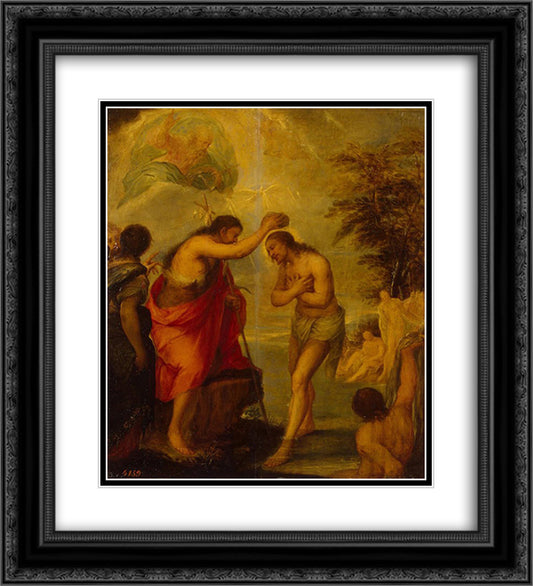 Baptism of Christ 20x22 Black Ornate Wood Framed Art Print Poster with Double Matting by Carreno de Miranda, Juan