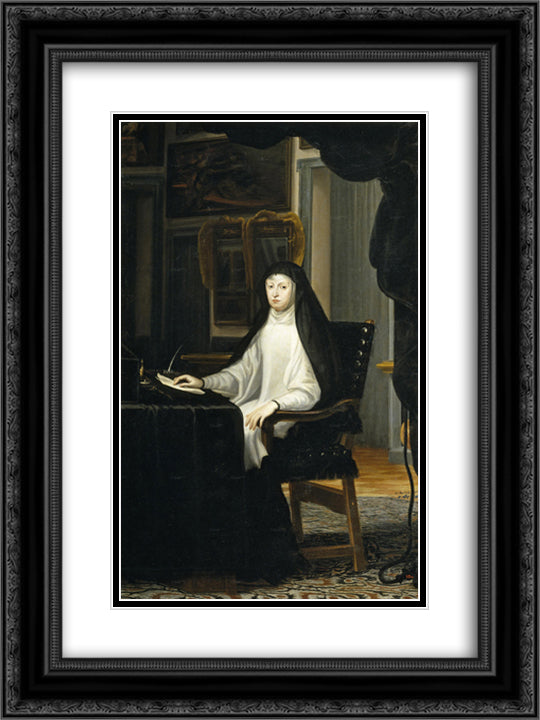 Portrait of Queen Mariana de Austria as a Widow 18x24 Black Ornate Wood Framed Art Print Poster with Double Matting by Carreno de Miranda, Juan