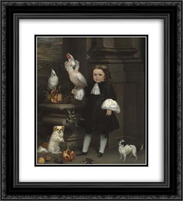 Portrait of the Dwarf Michol 20x22 Black Ornate Wood Framed Art Print Poster with Double Matting by Carreno de Miranda, Juan