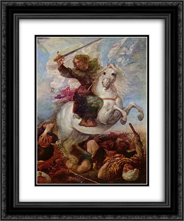 Santiago en la batalla de Clavijo 20x24 Black Ornate Wood Framed Art Print Poster with Double Matting by Carreno de Miranda, Juan