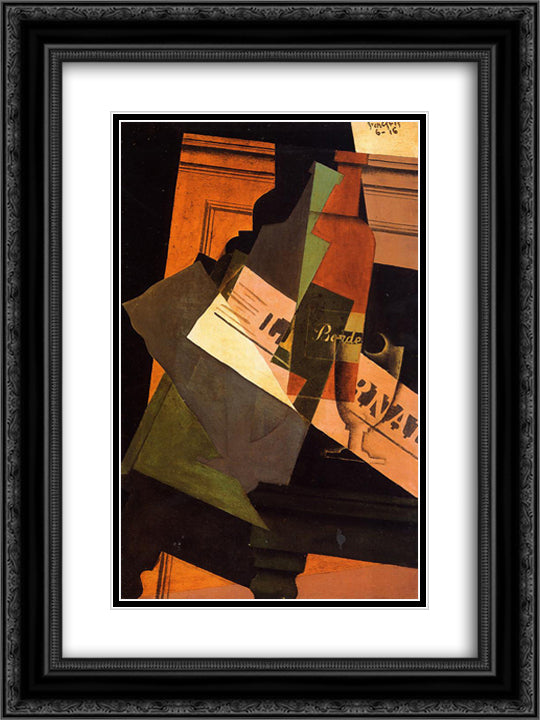 Bottle, Glass and Newspaper 18x24 Black Ornate Wood Framed Art Print Poster with Double Matting by Gris, Juan