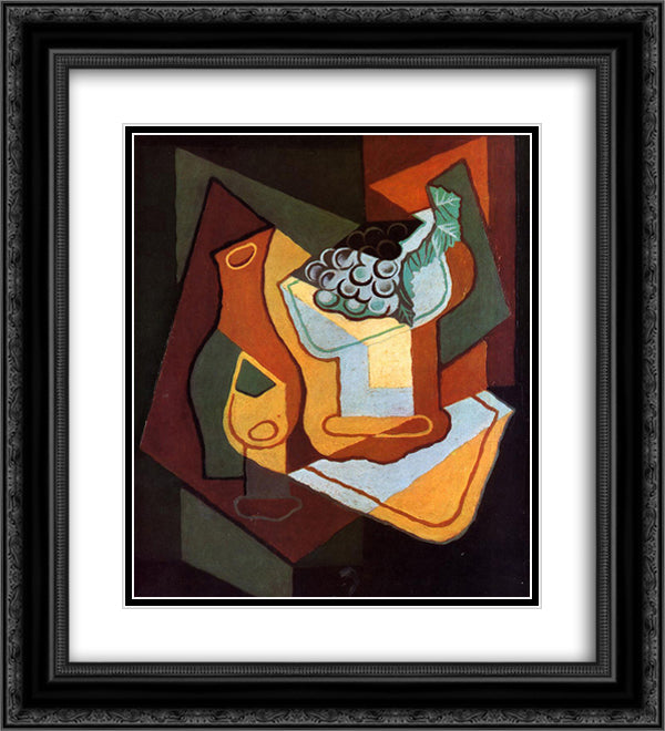 Bottle, Wine Glass and Fruit Bowl 20x22 Black Ornate Wood Framed Art Print Poster with Double Matting by Gris, Juan