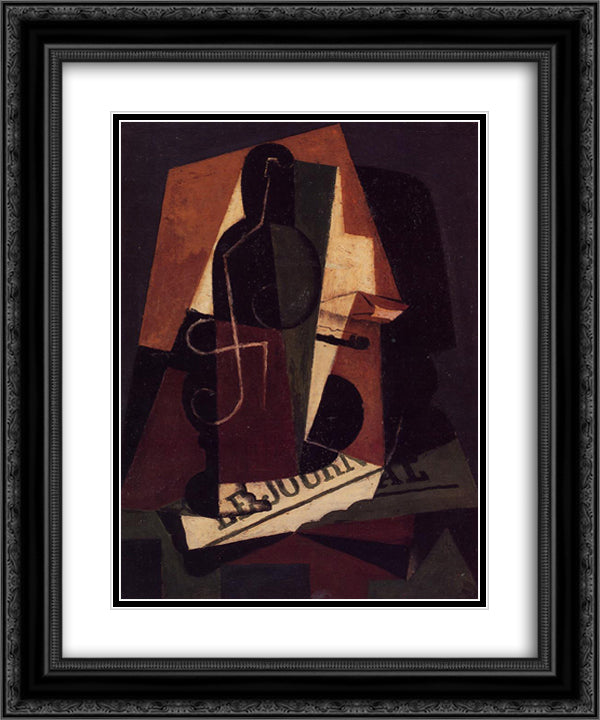 Bottle and Glass 20x24 Black Ornate Wood Framed Art Print Poster with Double Matting by Gris, Juan