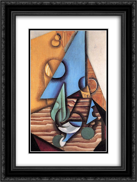 Bottle and Glass on a Table 18x24 Black Ornate Wood Framed Art Print Poster with Double Matting by Gris, Juan