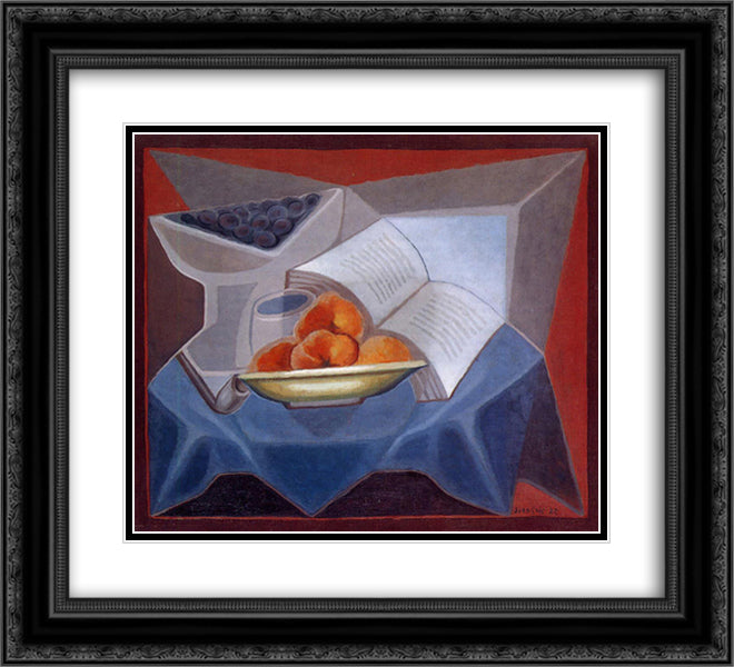 Fruit and Book 22x20 Black Ornate Wood Framed Art Print Poster with Double Matting by Gris, Juan