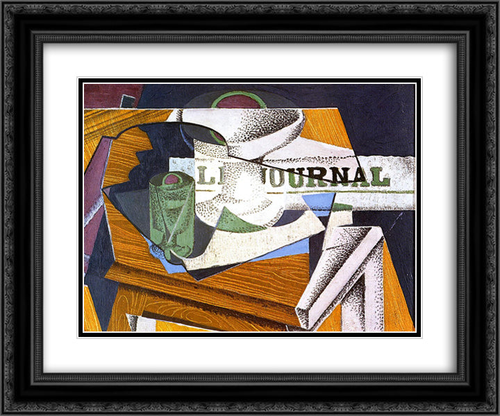 Fruit Bowl, Book and Newspaper 24x20 Black Ornate Wood Framed Art Print Poster with Double Matting by Gris, Juan