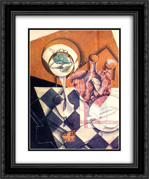 Fruit Bowl with Bottle 20x24 Black Ornate Wood Framed Art Print Poster with Double Matting by Gris, Juan