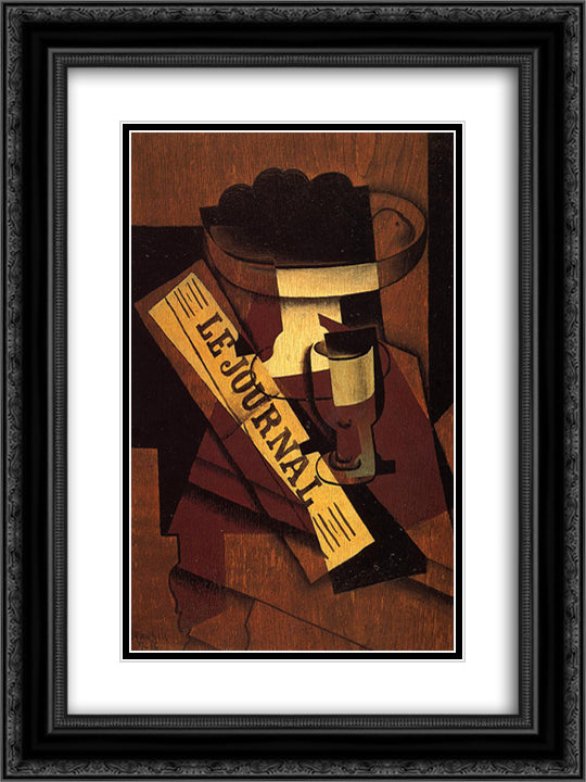 Fruit Dish, Glass and Newspaper 18x24 Black Ornate Wood Framed Art Print Poster with Double Matting by Gris, Juan