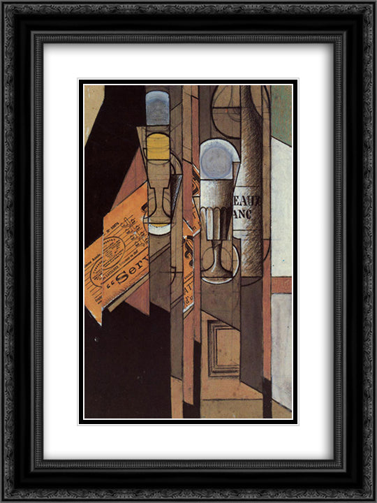 Glasses, Newspaper and Bottle of Wine 18x24 Black Ornate Wood Framed Art Print Poster with Double Matting by Gris, Juan