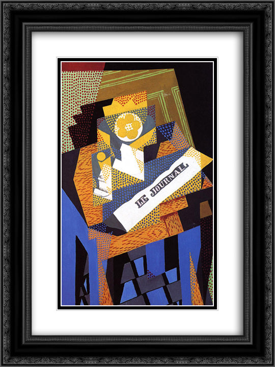 Newspaper and Fruit Dish 18x24 Black Ornate Wood Framed Art Print Poster with Double Matting by Gris, Juan