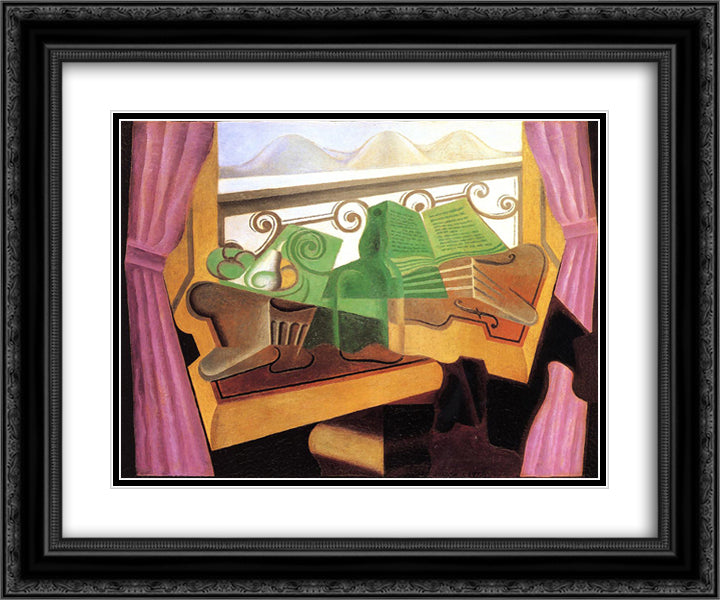 Open Window with Hills 24x20 Black Ornate Wood Framed Art Print Poster with Double Matting by Gris, Juan