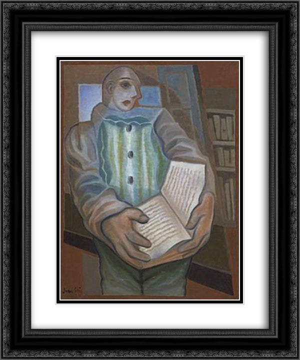 Pierrot with Book 20x24 Black Ornate Wood Framed Art Print Poster with Double Matting by Gris, Juan