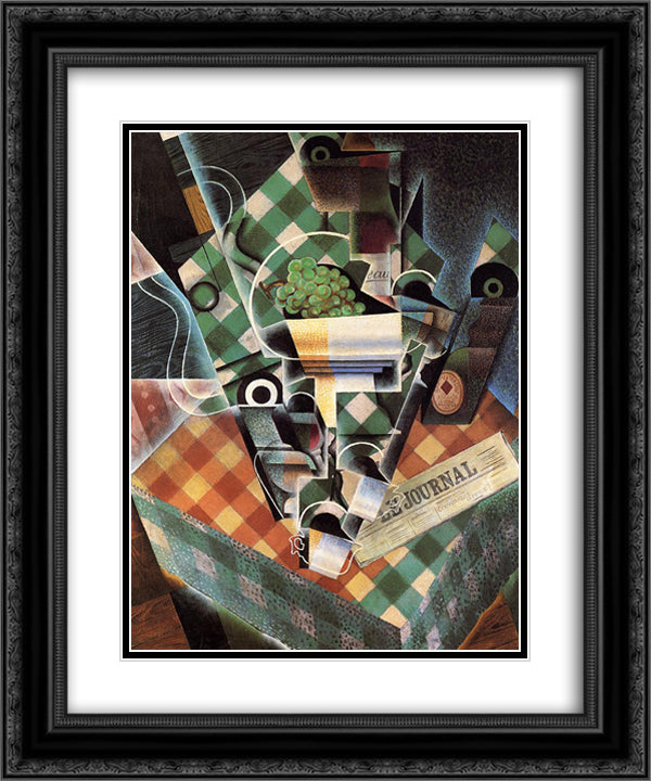 Still Life with Checked Tablecloth 20x24 Black Ornate Wood Framed Art Print Poster with Double Matting by Gris, Juan