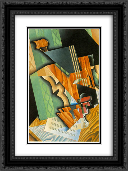 Violin and glass 18x24 Black Ornate Wood Framed Art Print Poster with Double Matting by Gris, Juan
