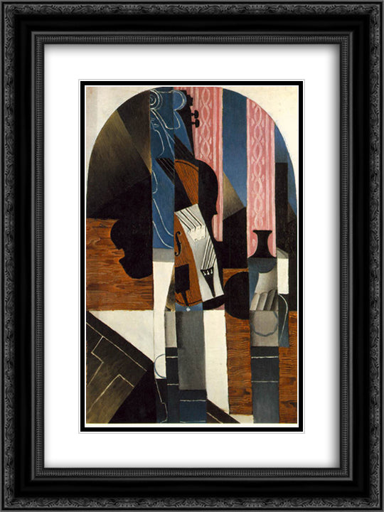 Violin and ink bottle on a table 18x24 Black Ornate Wood Framed Art Print Poster with Double Matting by Gris, Juan