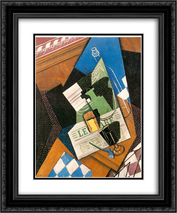 Water bottle, Bottle, and Fruit dish 20x24 Black Ornate Wood Framed Art Print Poster with Double Matting by Gris, Juan