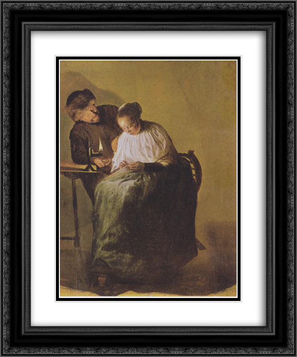 A man offers a young girl money 20x24 Black Ornate Wood Framed Art Print Poster with Double Matting by Leyster, Judith